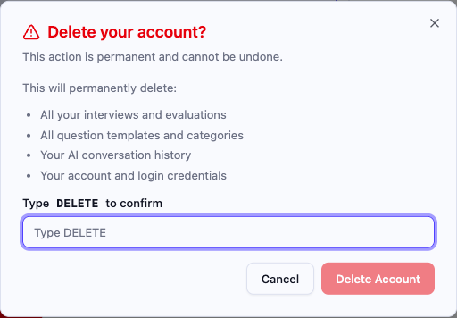 The Delete your account? confirmation dialog asking for the word DELETE to be typed