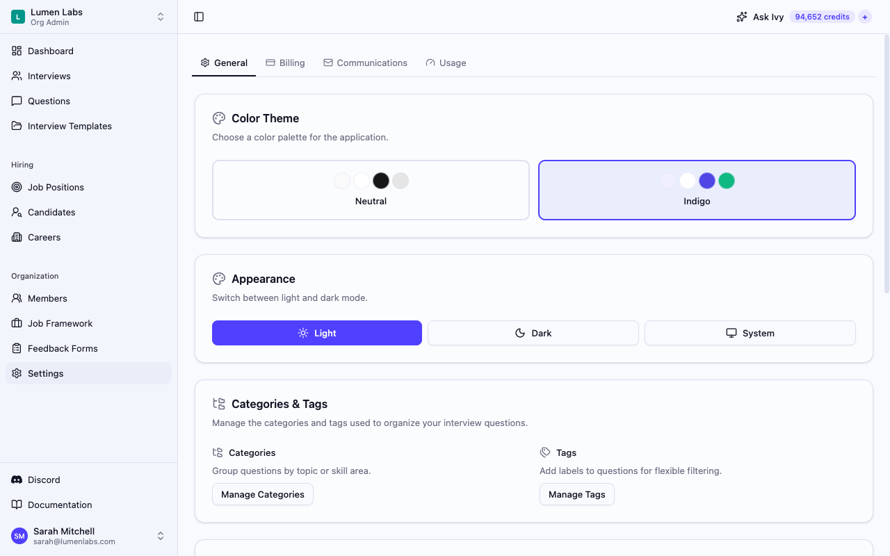 The Settings → General page showing Color Theme, Appearance, Ivy, Danger Zone, and Support cards