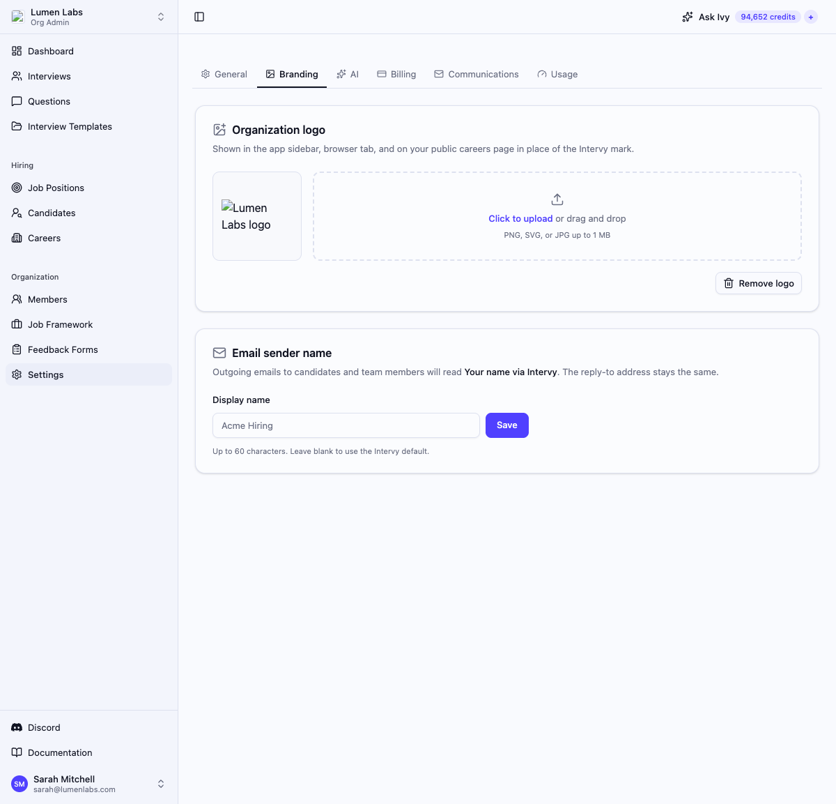 Settings → Branding page showing the logo upload area and email sender name field