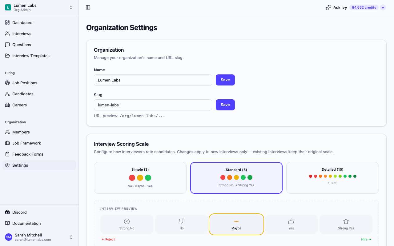 The Interview Scoring Scale card showing three preset options — Simple (3 levels: No · Maybe · Yes), Standard (5 levels: Strong No → Strong Yes, currently selected), and Detailed (10 levels: 1 → 10) — with a live preview bar showing the five Standard rating options below the selector.